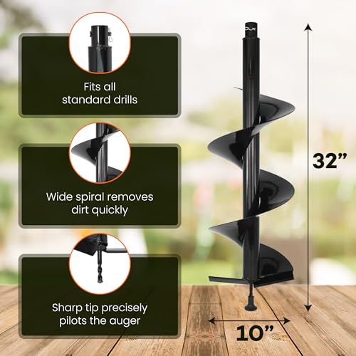 Auger Post Hole Digger 10" Wide 32" Deep - Earth Auger - Trench Digger - Hole Digger Tool for Fence Posts - Electric Post Hole Digger Handles - style: 10" X 32"