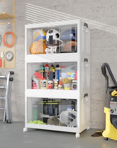 OlarHike 97QT Storage Bins with Lids for Closet, Garage, Shelves, 3 Pack | Multi-Lid, Lockable Cabinet, Large, Doors & Wheels, School, Office, Foldable Container, Stackable Organizers, Plastic Drawers - size: 97QT-White