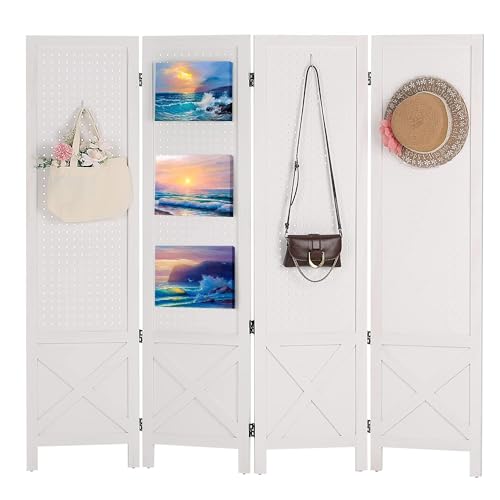 Wnutrees 4 Panel Pegboard Display,5 Ft Folding Privacy Screen Room Divider | Wood Portable Freestanding Board Organizer, Partition for Craft/Art Shows, Retail, Events, Wall Display, White - color: White