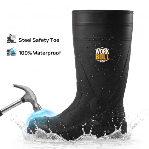 Men's Steel Toe Rain Boots, Waterproof Knee High Work Boots | Slip & oil resistant outsole for construction, farm and industrial work. - color: Black, size: 12