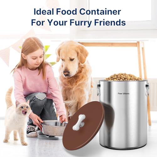 Paw Libero 2PK 25 Lbs Stainless Steel Dog Food Storage Container with Airtight Lid & Ceramic Bone Handle, Large Metal Dog Food Bin for Dogs & Cats, Keep Fresh, Easy to Clean - size: 25 lbs - 2pk