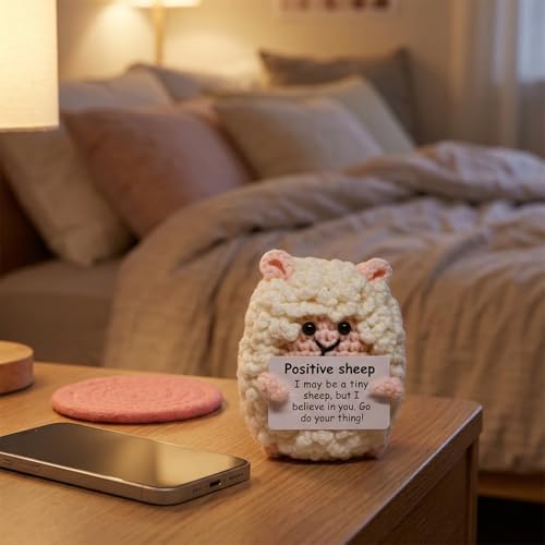 Handmade Crochet Sheep Figurine Desk Decor Encouragement Gift Her | Sheep Holds Positive Message Card In Hands. Soft Acrylic Yarn. Birthday Going Away Surprise