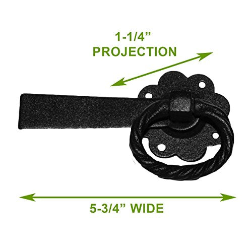 Renovators Supply Manufacturing Black Wrought Iron Floral Ring Gate Latch 6 in Fence Barn Door Lock with Hardware - color: Wrought Iron 2 Floral, size: Pack of 1