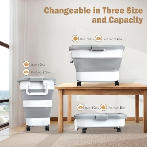Rice Storage Container, Collapsible Airtight 10-40 Lb Rice Storage Container, 25lb Pet Dog Food Storage Container, Rice Dispenser Bin with Cup and Scoop for Flour Cereal Pasta Grain, Cat Bird - size: 10-40 Lbs
