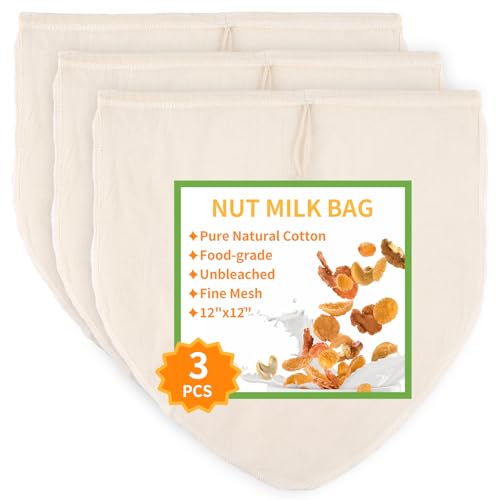 3 Pcs 12"x12" Nut Milk Bag, Cheesecloth Cheese Cloth Bag for Straining | Natural Unbleached Cotton Reusable Strainer Bag for Oat Almond Milk, Cheese Making, Yogurt, Juice, Cold Brew Coffee, Beer Tea - size: 12x12 Inch