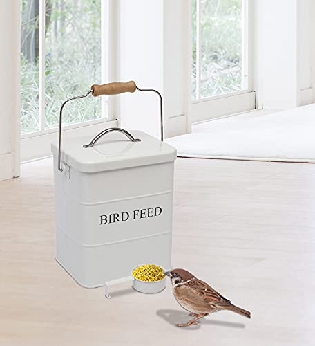 Morezi Bird Seed Storage Container Metal, 6 Lbs Airtight Bird Food Tin | Outdor Wild Bird Seed Container Canister w/ Scoop/Wooden Handle , Sturdy and Squirrel-proof, Keep Sunflower Seed Fresh - color: White