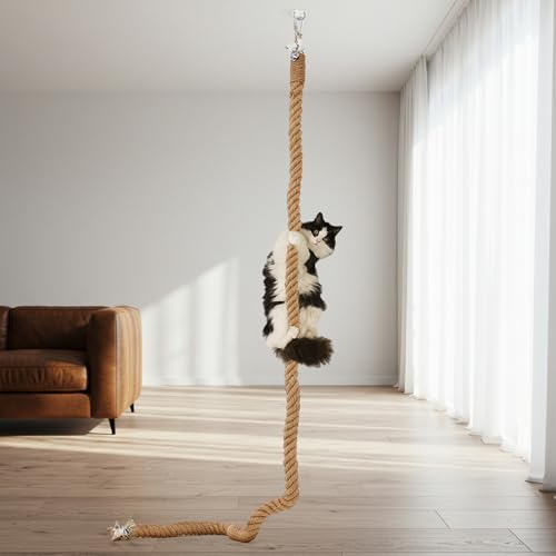 Weysat 2'' x 8.9 ft Cat Climbing Rope with Hook, Natural Jute Rope for Ceiling and Wall Mounted, Space Saving Kitten Scratching Post Toy for Indoor Outdoor - size: 2'' x 8.9 ft