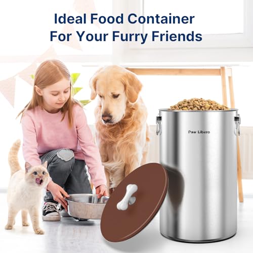 Paw Libero 2PK 35 Lbs Stainless Steel Dog Food Storage Container with Airtight Lid & Ceramic Bone Handle, Large Metal Dog Food Bin for Dogs & Cats, Keep Fresh, Easy to Clean - size: 35 lbs - 2pk