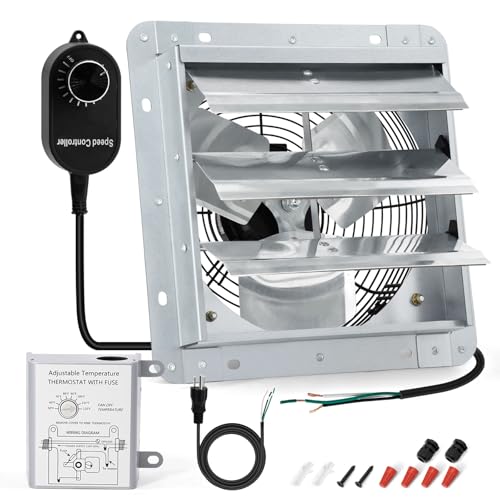 10 Inch Upgraded Shutter Exhaust Fan with Speed Controller & Thermostat, 820 CFM Wall Mounted Exhaust Fan, Ventilation Attic Fans for Greenhouse, Garage, Warehouse, Shed, Basement, Chicken Coop - size: 10 Inch Shutter Exhaust Fan
