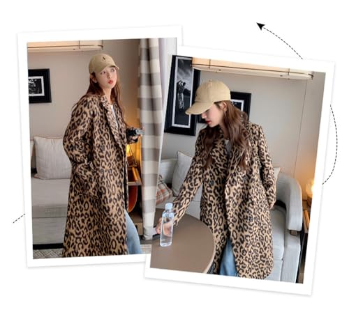 Womens Leopard Long Wool Trench Coat Notched Lapel Double Breasted Pea Coat Winter Warm Overcoat - color: Leopard, size: X-Large