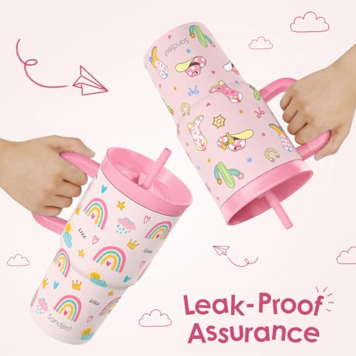 SANDJEST Rainbow Stainless Steel Tumbler 20oz with Handle and Silicone Straw Locking Lid for Kids Girls, Birthday Christmas Back to School - color: Rainbow