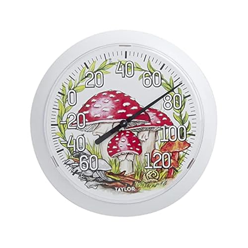 Taylor Forest Mushrooms Indoor Outdoor Dial Thermometer, Wireless Thermometer with Easy to Read Numbers for Patio, Pool, Garage and Indoor Areas, 8.5-inch, White - style: Forest Mushroom