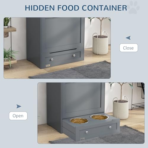 PawHut Dog Feeding Station with Raised Bowls, Pet Feeder Station, Gray | Dog Food Storage Cabinet, Hanger for Feeding & Watering Supplies - color: Gray