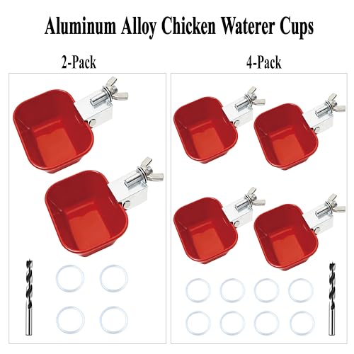 XCL Chicken Waterer Cups, Aluminum Alloy Chicken Waterer Feeder 4pcs Large, Tee Fittings Poultry Chicken Water, for Chicken, Duck, Goose, Turkey, Bunny, Bird, with Mounting Hole Opener (4, Red)
