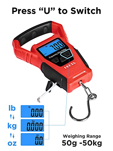 HEETA Waterproof Fish Scale Digital Hanging Fishing Luggage Weight Scale | Up 110lb/50kg Portable Scale with Backlit LCD Display, for Home & Outdoor, Measuring Tape and 2 AAA Batteries Included - color: Red