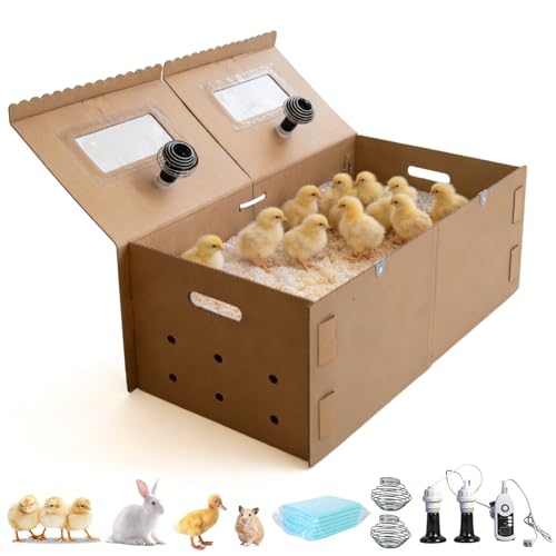 AsFrost 33" Extra Large Chick Brooder Box for 40 Chicks, Dual 75W No-Light Ceramic Heat Lamps, Adjustable Thermostat, 6 Waterproof Pads, Poultry Brooder for Quail, Rabbits & Reptiles