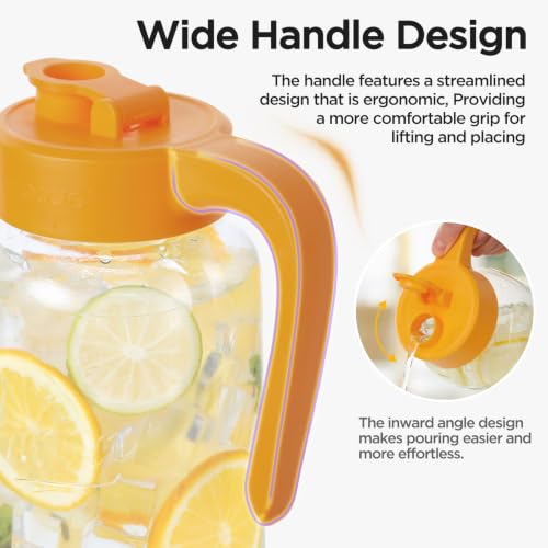 Mason Jar Pitcher, 64 oz (2 quart), Glass Pitcher with Lid | Airtight, Leak proof, Ergonomic Handle, Pour Spout Lid, Fridge Safe, for Sun Tea, Iced Tea, Cold Brew, Lemonade, Outside - color: Yellow