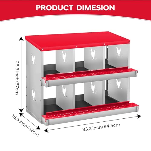 6-Compartment Chicken Nesting Box, Heavy Duty Galvanized Steel Poultry Nest Box, Wall Mount/Freestanding Design for Hens, Ducks, Backyard Homesteads & Farm Use, Red, 10 Mats &4 Eggs, No Stand - color: Red, size: 6 Room&Mat eggs