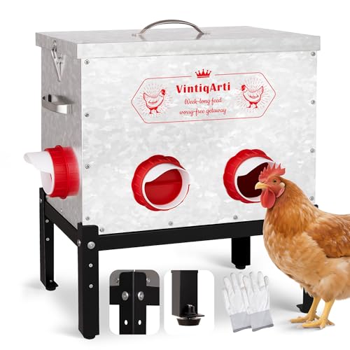 Automatic Chicken Feeder 40LB - 6 Gravity-Fed Chicken Feeders Reduce Waste, Adjustable Legs & Secure Lid, Heavy-Duty Galvanized Steel for Coops (Bright Silver) - color: Bright Silver