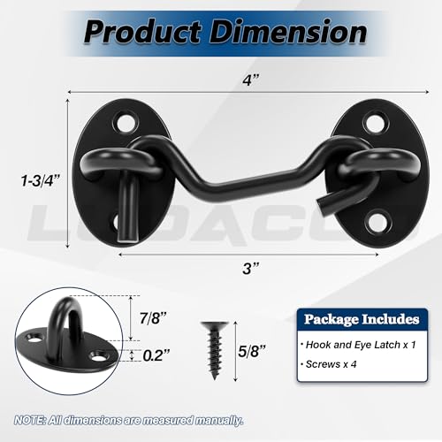 3" Hook and Eye Gate Latch, Sturdy Thickened Barn Door Lock Door Latch Hardware for Gates, Windows, Fences, Cabinets, and Sheds, Black, 1 Pack - size: 3 Inch