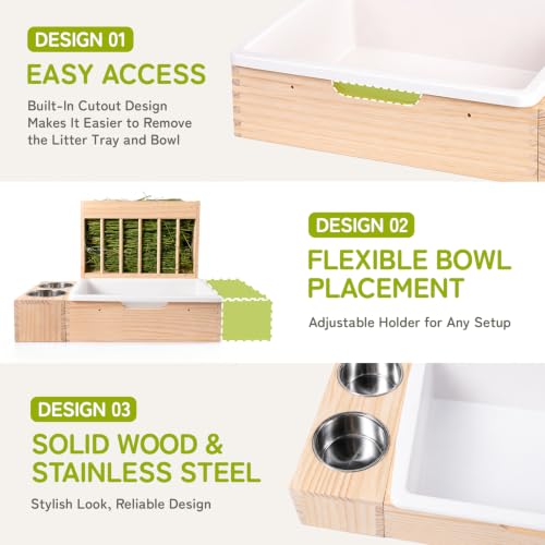 3-in-1 Rabbit Hay Feeder with Litter Box, Bowl Tray for Small Bunnies | Hay Storage Holds 0.7 lb of Hay, Includes a Mini Brush,Easy Clean,Wooden Bunny Toilet for Netherland Dwarf, Polish - size: Medium