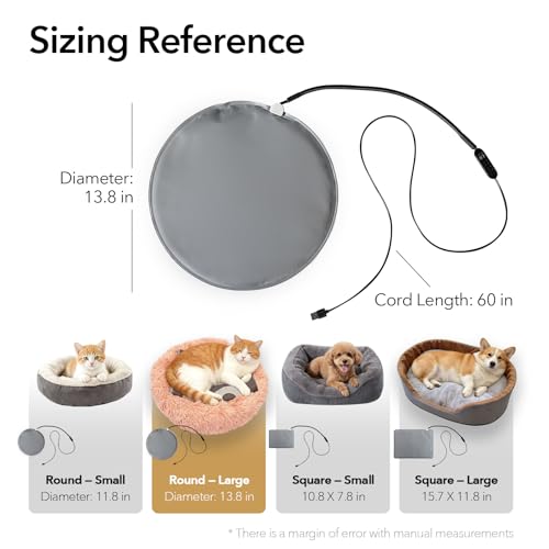 USB Pet Heating Pad – Turns Any Pet Bed Heated (Use Inside Bed), 5V/2A Required, 5-Temp & Timer, 140°F Auto Shut-Off, Waterproof Warmer for Cats/Dogs, Power Bank/Wall Powered (14"x14") - size: 14"x14" Round