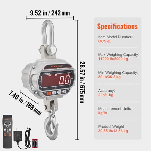 VEVOR Digital Crane Scale, 11000 lbs/5000 kg, Industrial Heavy Duty Hanging Scale with Remote Control, Cast Aluminum Case & LED Screen, High Precision for Construction, Factory, Farm, Hunting (Silver)