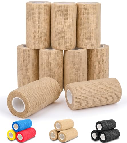 AZEN 9 Pack Self Adhesive Bandage Wrap, 4" X 5 Yards Elastic Cohesive Bandage Wrap, Skin Color Athletic Tape, Ankle Tape, Tattoo Grip Tape Wrap, Vet Wrap - color: Beige, size: 4IN - 9Pack