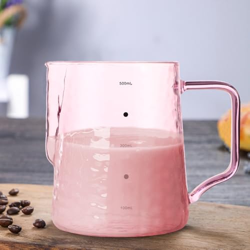 Toyvian Glass Milk Jug with Pink Scale, 500ml Heat-Resistant Borosilicate Coffee Pitcher Graduated Milk Frothing Cup with Spout Portable Glass Coffee Server for Espresso Latte Art Home Brewing