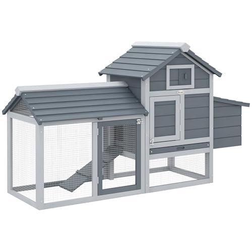 PawHut Grey Small Solid Wood In Ground Poultry Cage with 2 Doors, Nesting Box and Removable Tray D51-108GY | Hen House Poultry Cage, 2 Doors, Nesting Box, Removable Tray - color: Gray