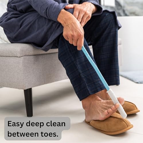 Burlingham's Toe and Foot Towel Brush with Reusable Drying Covers Long 17” Handle for Cleaning Between Toes, Soft Skin Exfoliation,for Seniors, Adults, or Kids, 5 Washable Cloth (Aqua Blue) - color: Aqua Blue