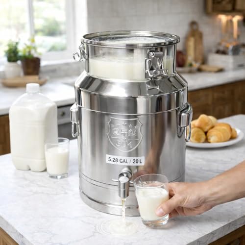 304 Stainless Steel Milk Can with Spigot, 5 Gallon Metal Water Dispenser, 20L Steel Water Tank & Stainless Steel Beverage Dispenser, Heavy Duty Drink Dispensers for Milk, Wine - size: 5 Gallon