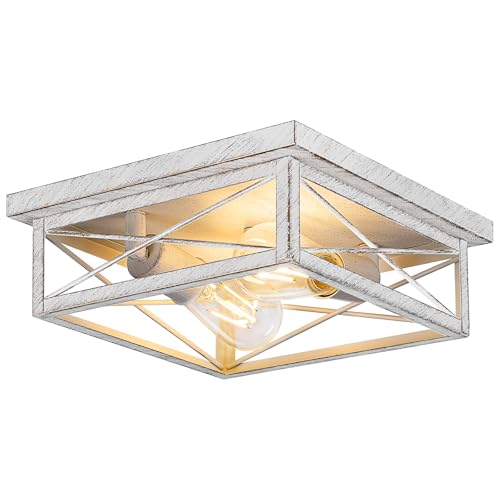 Kondras Antique White Hallway Light Fixture, 2-Light Farmhouse Flush Mount Ceiling Lighting, 1-Pack Metal Kitchen Lighting Fixture, Square Close to Ceiling Lamp for Bedroom Living Room Entryway - color: White, size: 1-Pack