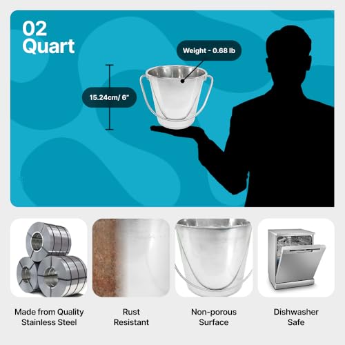 Half Gallon Stainless Steel Bucket - Flat-Side Metal Bucket 2 Quart | Rust-resistant & Durable Bucket For Food Prep Cleaning Feeding & Watering Pets & Livestock - For Crates Kennel Cages & Fences - size: 2 Quart