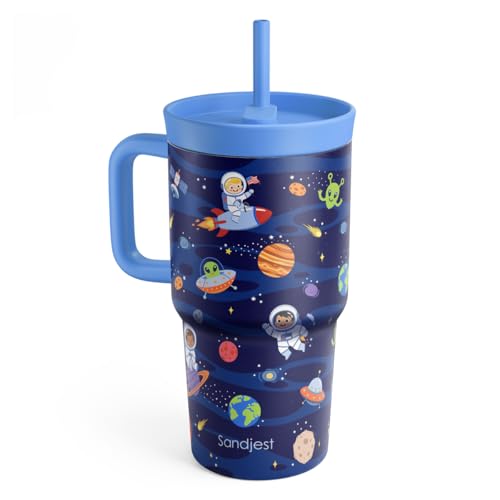 SANDJEST Outer Space Stainless Steel Tumbler 20oz with Handle and Silicone Straw Locking Lid for Kids Boys Girls, Birthday Christmas Back to School - color: Outer Space