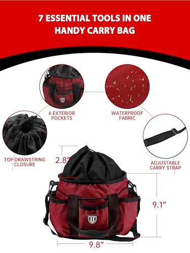 Harrison Howard Horse Grooming Brushes Kit 7 pieces with Organizer Tote Equine Care Series Horse Brush Sets Red - color: Red