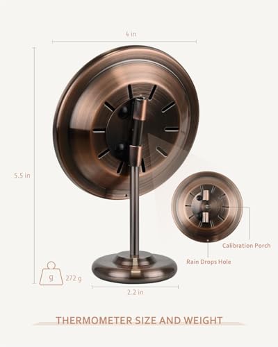 4-Inch Solid Brass Analog Thermometer Hygrometer with Stand | Solid brass, battery-free dual-scale dial for desks, offices, bedrooms, garages and RV interiors
