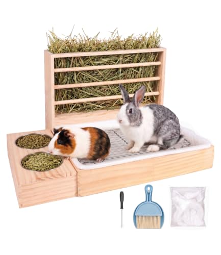 Rabbit Hay Feeder with Litter Box Bowls, 3-in-1 Wooden Rabbit Toilet | Large Capacity Rabbit Litter Box with Hay Feeder, Removable Tray Easy Clean,Bunny Guinea Pig Chinchilla Small Animals