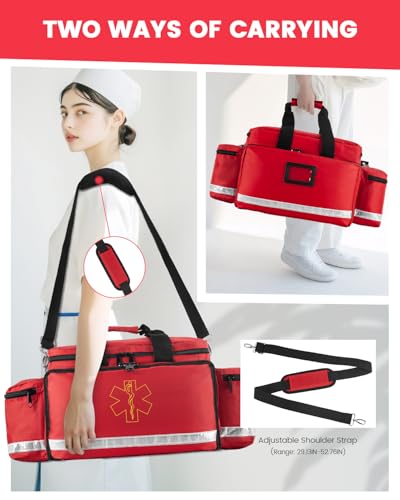 Large Medical Bag Empty, Paramedic Bag EMT Trauma for First Responders | Large Medical Duffle Bag 25.8" Water Resistant, 21 total compartments, 360 Reflective, 4 Dividers, 3 Removable Clear Pouches