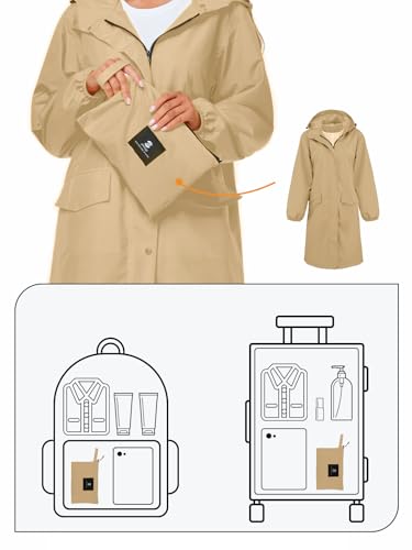 SaphiRose Women's Lightweight Packable Waterproof Long Rain Jacket | Raincoat, rain coat, windbreaker, with hood, knee-length, pack in bag, mesh lining, outdoor, camping, travel, walking dog - color: Camel, size: X-Large