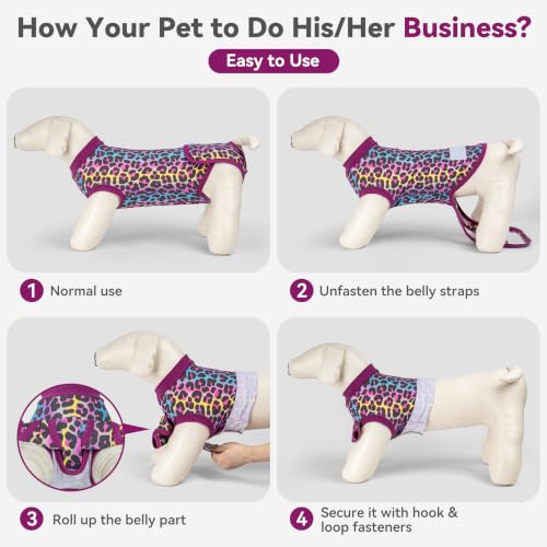 cyeollo Dog Surgery Recovery Suit, Surgical Onesie for Female & Male Dogs | Prevents Licking, Cone Alternative, Ideal After Spay & Neuter, Protects Surgical Wounds, Easy Potty Access, 4-Way Stretch - color: Purple Leopard, size: X-Small (Back: 9"-11")