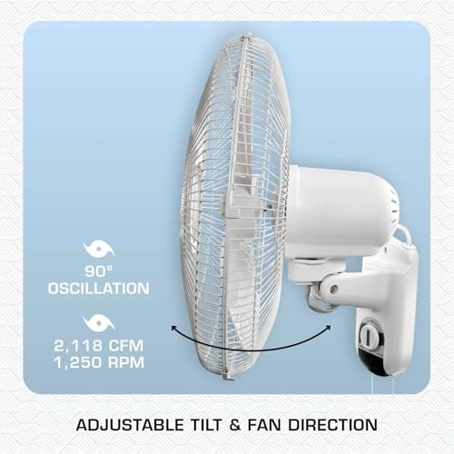 Hurricane Classic Oscillating Wall Mount Fan, 3 Speeds, White, 16in | Corded Electric Air Cooling Unit w/ Easy Pull Cord Controls for Home, Grow Tents, Offices, Sheds, Studios, Garages & Dorms - style: Classic