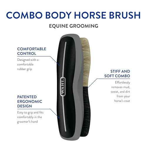 Wahl Professional Animal Equine Grooming Combo Body Horse Brush, Black | Effortlessly Removes Mud, Sweat, and Dirt, Comfortable Rubber Grip, Easy to Use and Fits Comfortably Your Hand - color: Black/Beige