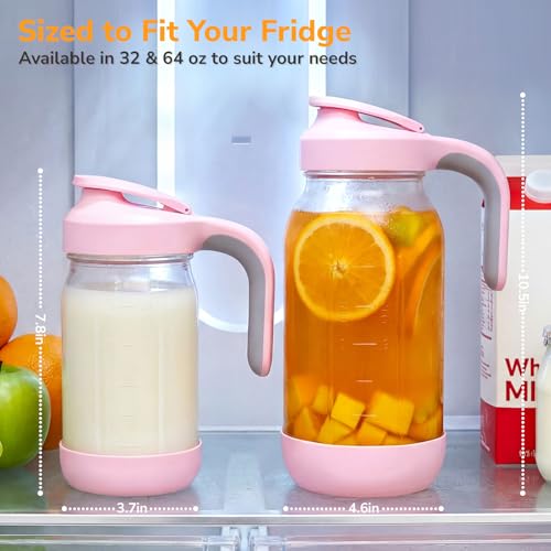32 oz (1 Qt) Glass Mason Jar Pitcher with Pour Spout Lid & Handle | Airtight Leak-Resistant Flip-Top, Wide Mouth for Ice & Fruit, Non-Slip Silicone Base, Measuring Marks, Fridge Water/Iced Tea - color: Green, size: 32 Ounces