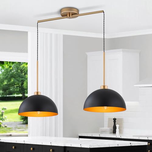 2 Light Black and Gold Dome Pendant Lights Kitchen Island | Height Adjustable, E26 Base, Easy Installation, Farmhouse Industrial for Dining Room Kitchen Island Restaurant Cafe Bar - color: Black-2 Lights