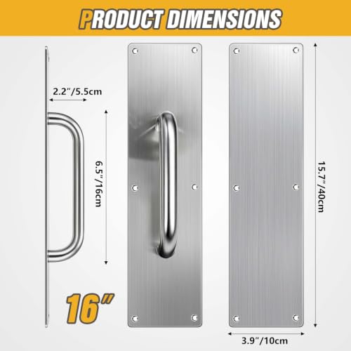 16" Stainless Steel Door Pull Handle with Push Plate for Home/Public | 16" Push pull door handle set with smooth rounded edges for safe use in Home/Office/Warehouse/Public/Commercial Door - size: 16'' Handle Pull & Push Plate