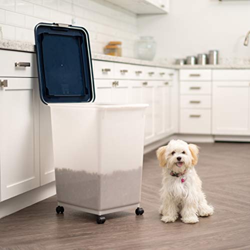 IRIS USA Dog Food Storage Container, Up to 54 lbs, Navy/Pearl, Made in USA | Wheels for Mobility, Airtight Seal, BPA-Free, Best for Bird Seed, Cat food, Cat Litter, Chicken Feed, Pellets - color: Navy/Pearl, size: 54 lbs
