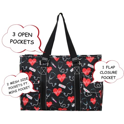 NGIL Utility Water Resistant Tote Bag | Work Tote for Women, Nurse Bag, Teacher's Choice Purse, Gym Bag, Everyday Organizer Top Zipper Closure - color: Cure With Love- Black