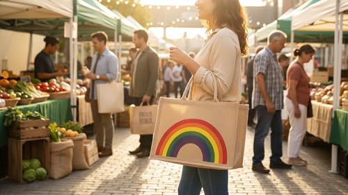 KAF Home Jute Market Tote Bag with Handles (Rainbow) - color: Rainbow