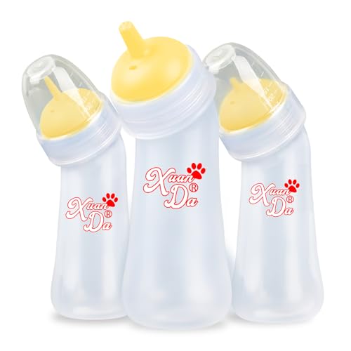 Pet Feeding Bottle,3 Pack Wide Mouth Angled Nursing Bottle, 3 Sizes Nipples with Ventilation Valve Resistant Tearing Perfect for Puppies, Kittens, Small Wildlife(Yellow) - color: white